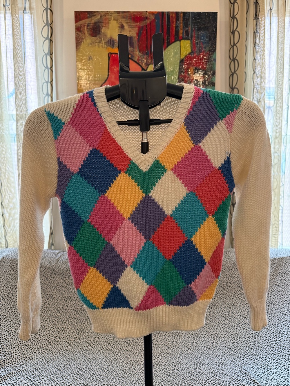 Esprit Cream V-Neck Argyle Sweater with Multicolor Diamonds